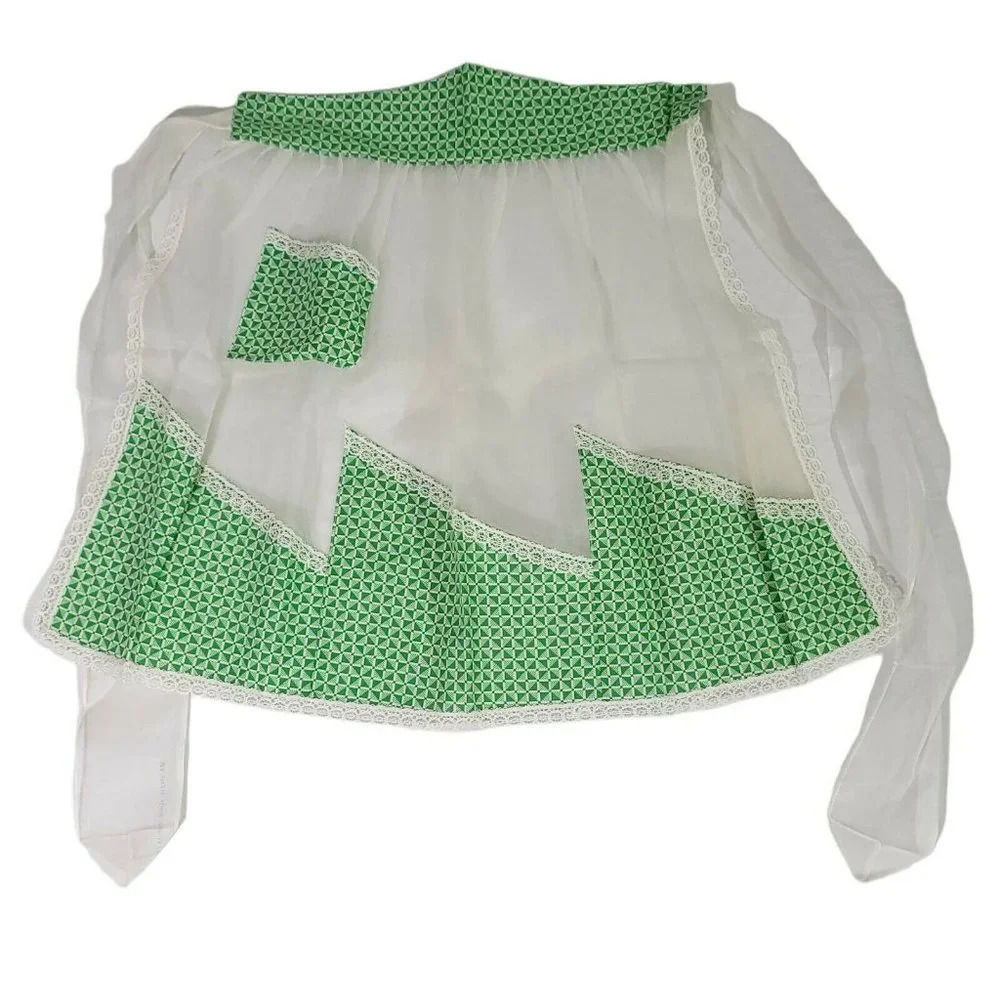 Dainty Mid Century Green White Geometric Vintage Apron Sheer 19.5" length Sm/Med